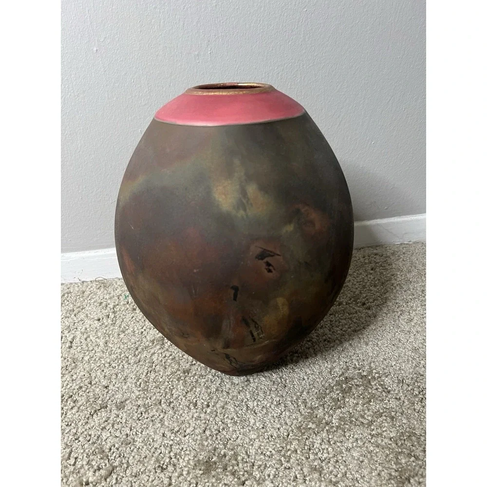 VTG. Raku Pottery Vase Signed Iridescent Earth Tone Finish 1998